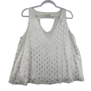Current Air White Silver Metallic Leaf Foil V-Neck Cutout Back Blouse Large